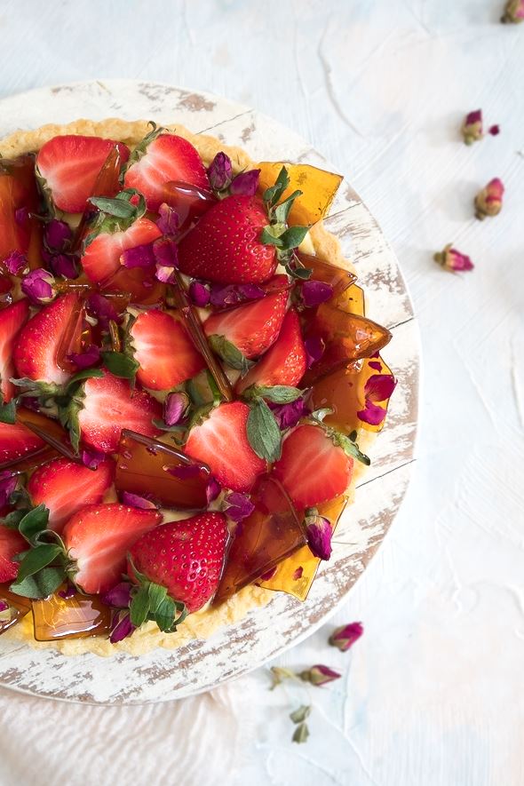Custard Tart With Fresh Strawberries and Rose Caramel Shards